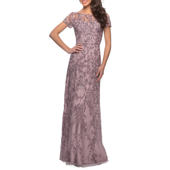 La Femme Lace Column Gown Dusty Lilac Sz 4